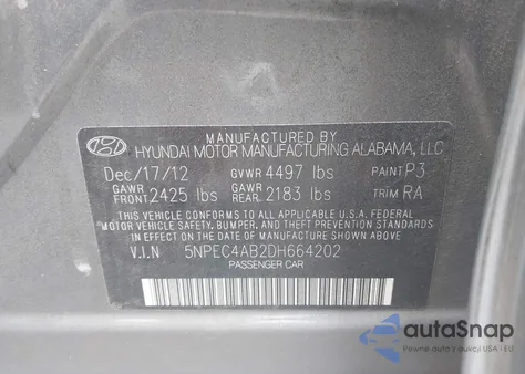 2013 Hyundai Sonata Limited 2.0T из США, поврежденный, VIN 5NPEC4AB2DH664202